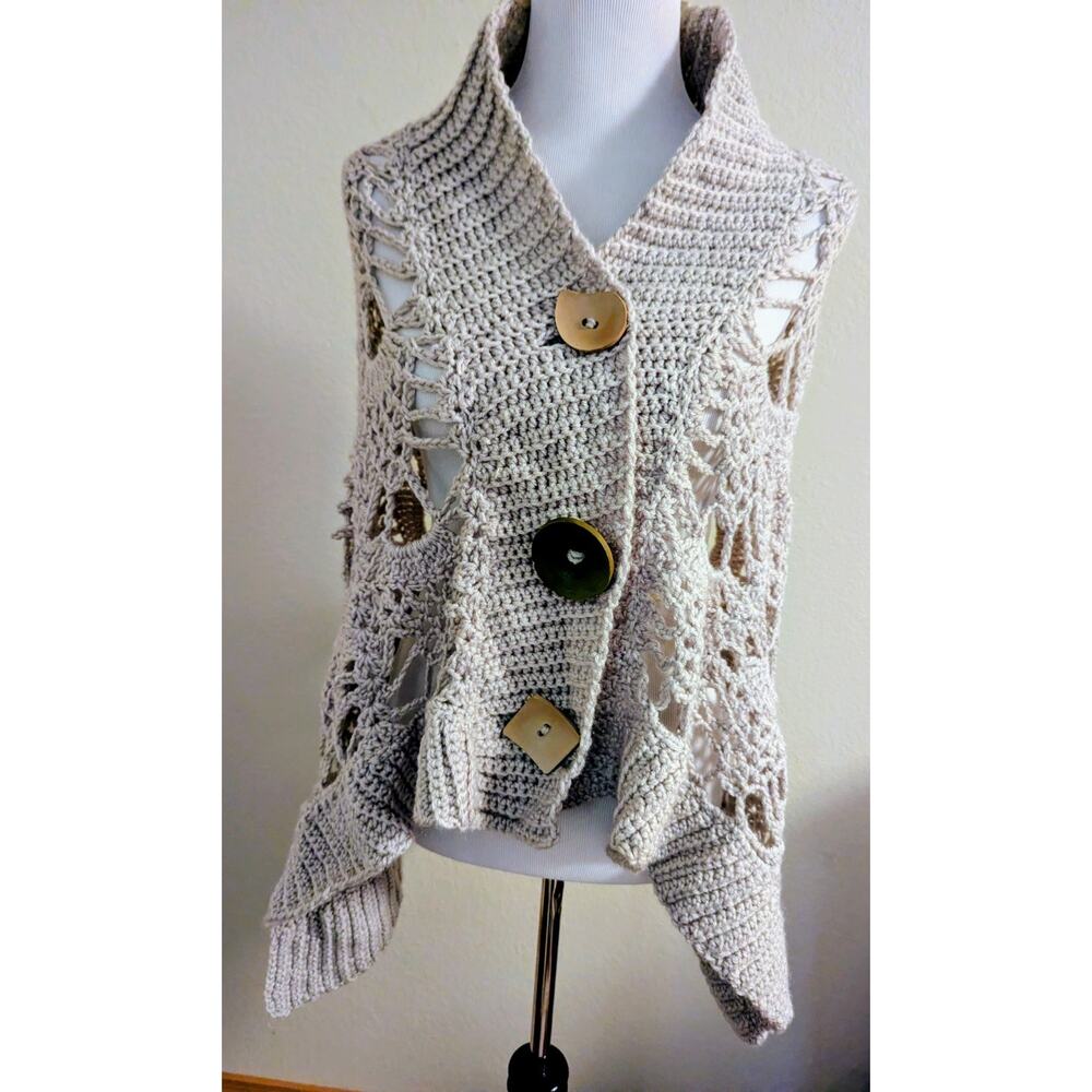 Hand Knit Crochet Cape Poncho Shawl Large Boho Oatmeal Button Front Artisan Wrap
